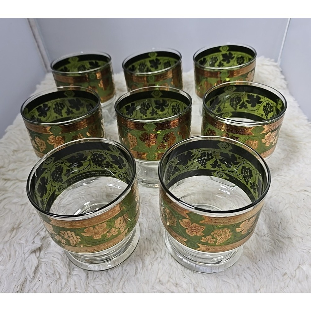 8 Cera Golden‎ Grapes Double Old Fashioned Footed Tumbler Glasses MCM Green Gold